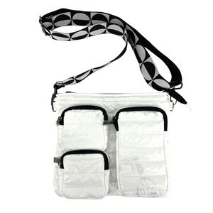 THINK ROLYN White Puffer Crossbody Bag with Graphic Strap